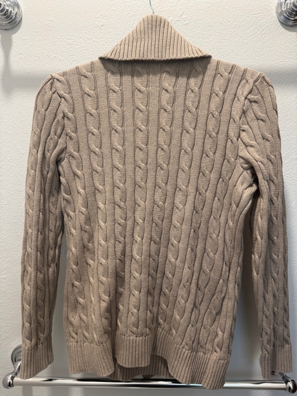 Lauren Ralph Lauren Beige Cable-Knit Shawl Collar Cardigan with Buckle - Picture 6 of 9